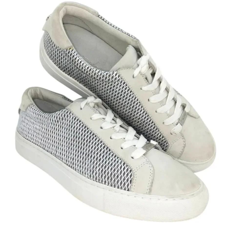 JSlides NYC Designer Womens Pre-owned Wht/Silver Textured Leather Sneakers-sz. 7